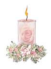 a candle with roses